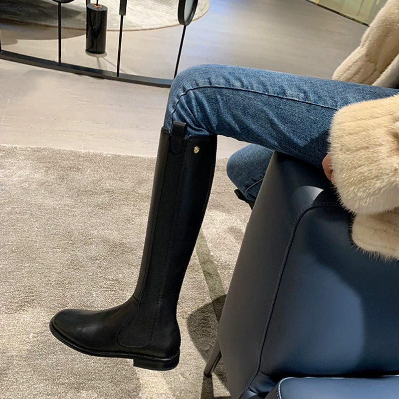 Chanel Style schwarze Stiefel Damen Herbst Winter, flach, High Tube, Knight Stiefel, Overknee