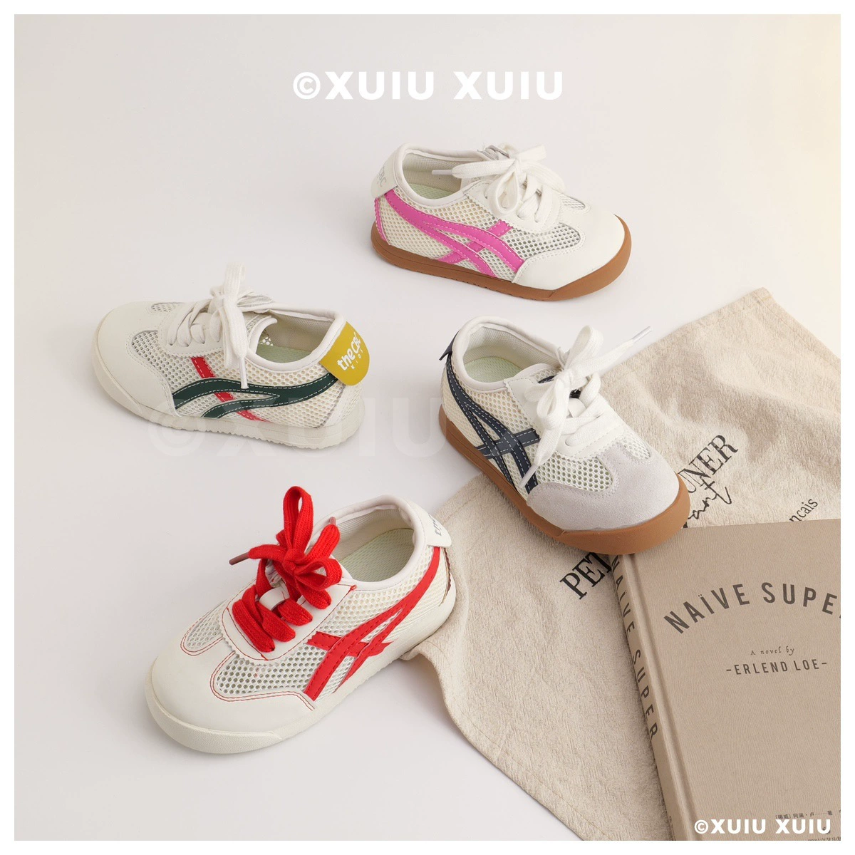 XSHX Japanese Retro Baskets à semelle fine pour enfants, mesh respirant, scratch printemps été