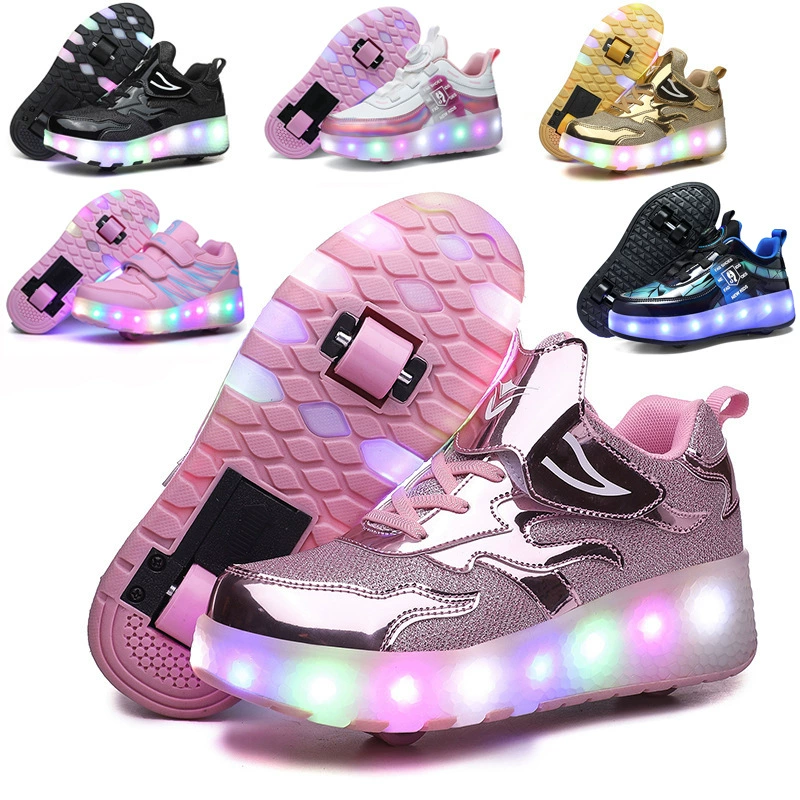 2026 Cross-Border Kinder Heelys Doppelrad Mädchen atmungsaktiv LED Licht Schuhe USB Aufladung Outdoor Sport Rollschuhe