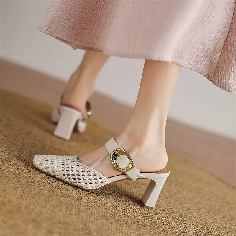 Sandales à Talon Découpées Tissées Argentées pour Été, Mules Françaises à Talon Épais 2026 · MOHE China shoe factory