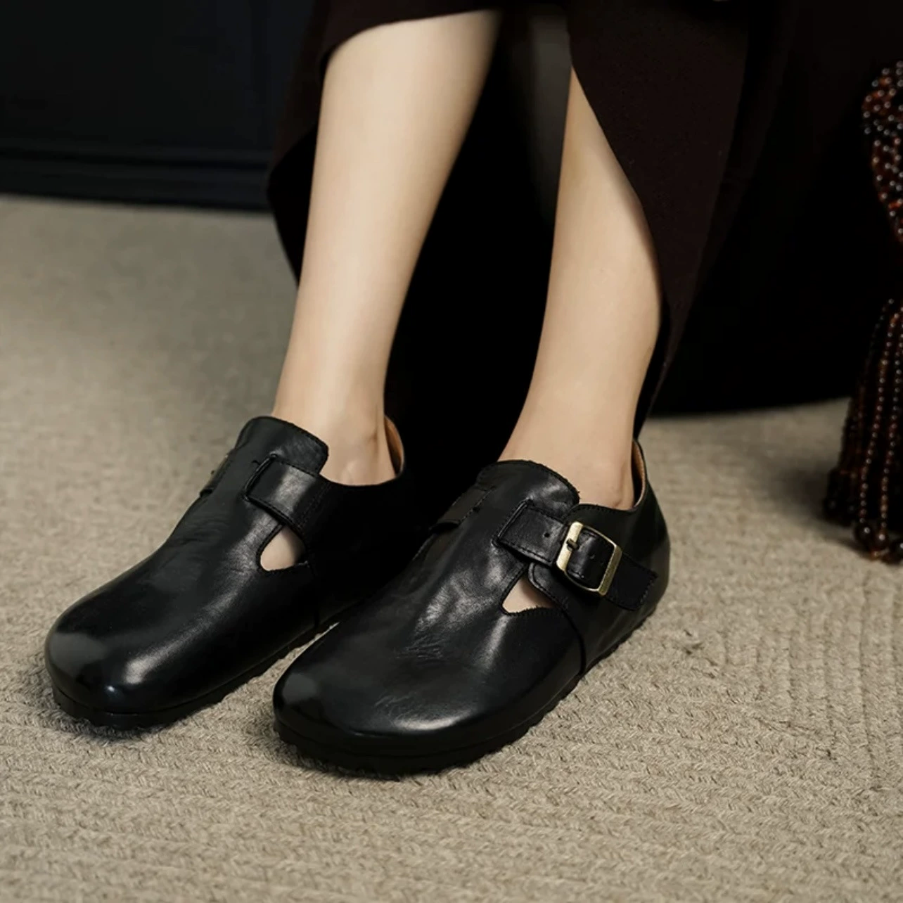 Zapatos Birkenstock de cuero suave de suela gruesa retro desgastados para mujer, mules casuales con hebilla