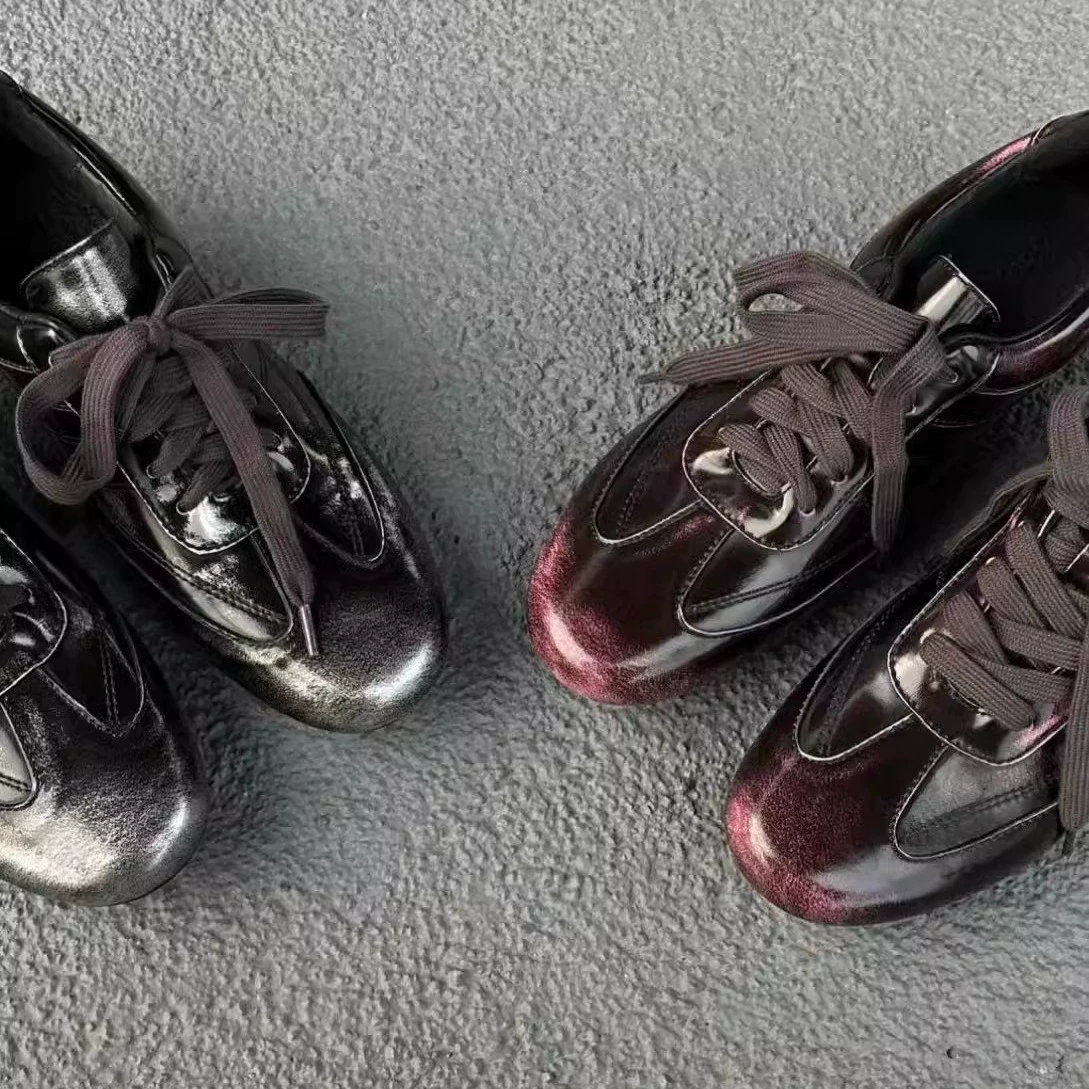 Low Wedge Gradient Black Pink Silver German Trainer Shoes 2025 New Round Toe High Heel Worn Color Lace-Up Low Heel