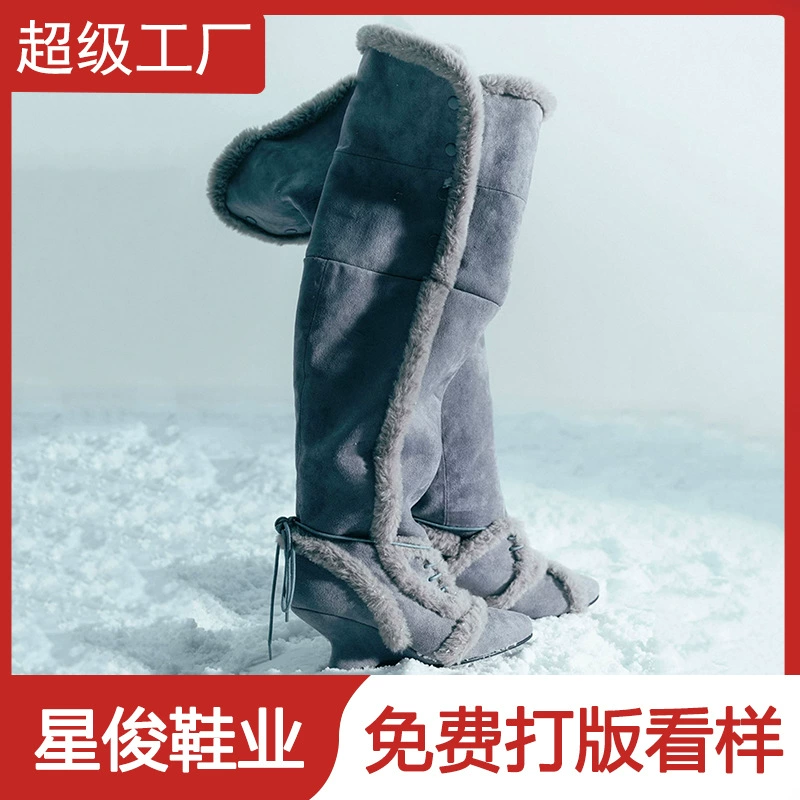 Botas de Neve Cunha Forradas Peludas Coreanas Novas para Mulher, Inverno Cano Alto Algodão Dupla Função