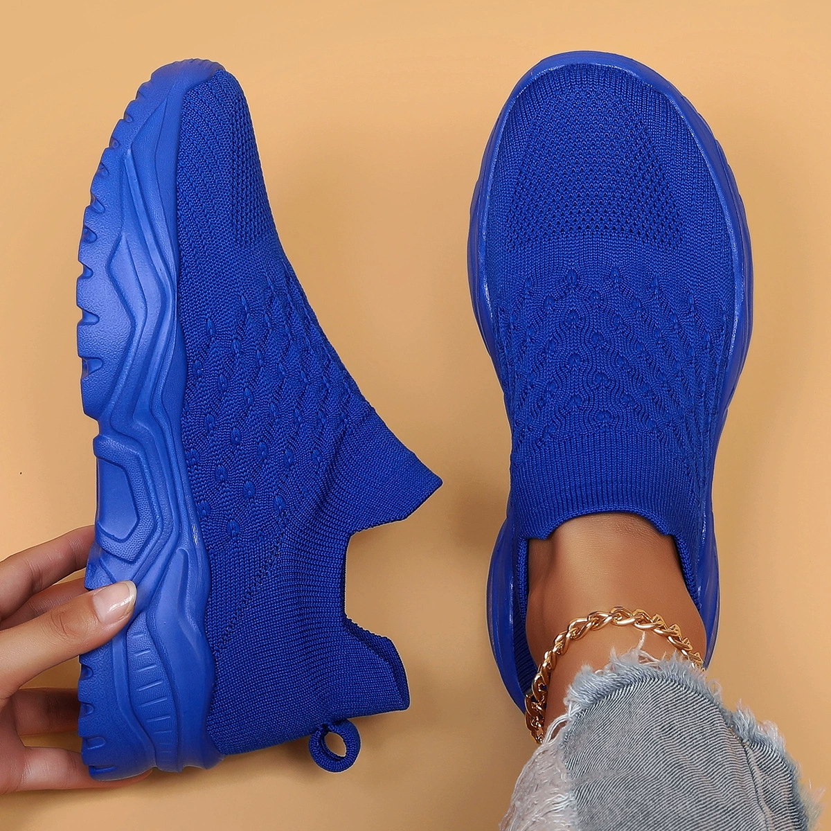 Chaussures femme slip-on mesh tricoté respirantes élastiques baskets décontractées chaussettes