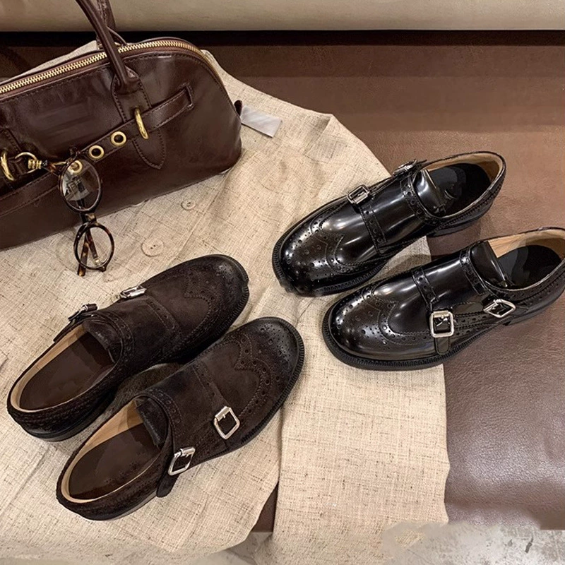 Femmes Creuses Double Boucle Talon Épais Respirants Mocassins Talon Haut Cuir