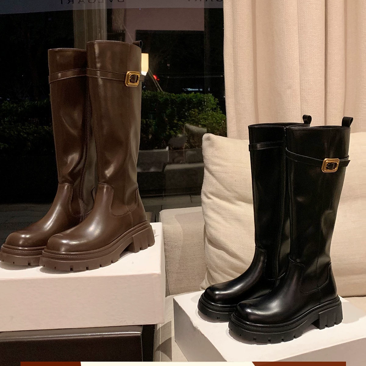 New 5cm Heel Round Toe Chunky Heel Metal Buckle Strap Side Zipper Long Riding Boots for Women