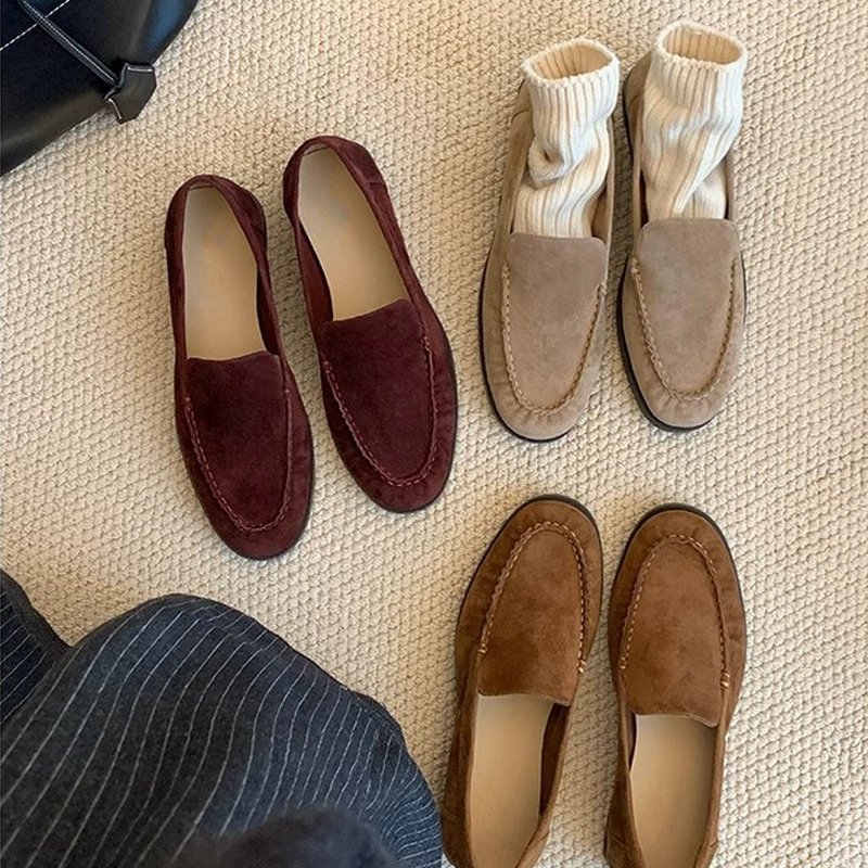 Neue Damen Französisch Rundspitze Wildleder Flache Slip-On Loafer Schuhe für Herbst Winter