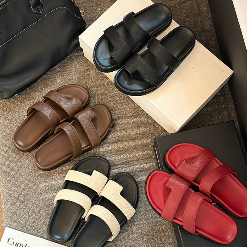 صنادل جلدية ناعمة بنمط صف من الأصابع، كاجوال صيفية بسيطة، نعل سميك شاطئي · MOHE China shoe factory