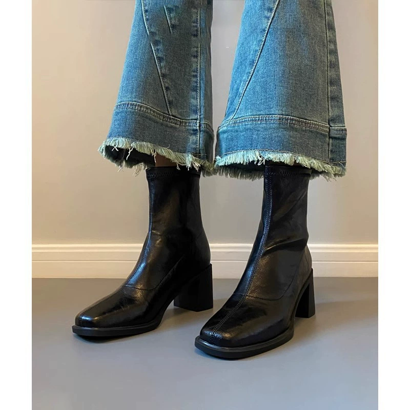 High Heel Short Boots for Women, New Square Toe Martin Boots, Petite French Chunky Heel Slim Fit Boots