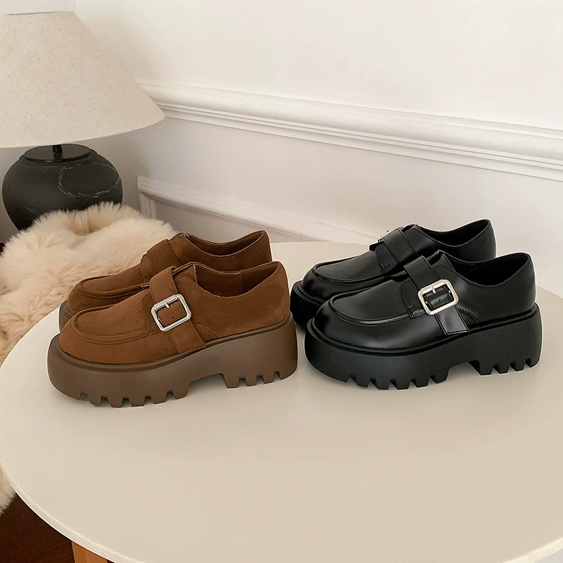 New Women's Suede Loafer Big Round Toe British Vintage Buckle Height Increasing Thick Sole Shoes