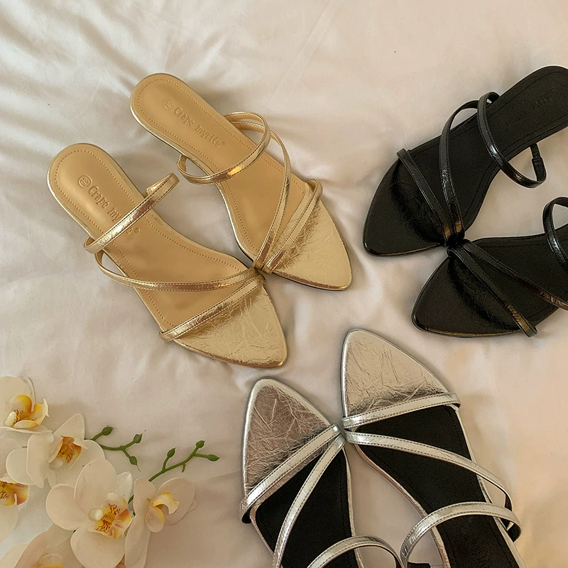Women's Summer French Style Pointed Toe Open Toe Thin Strap Low Heel Slides