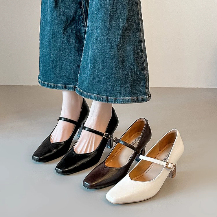 Talons Mary Jane rétro français pour femme, talon aiguille, printemps 2026, cuir véritable · MOHE China shoe factory