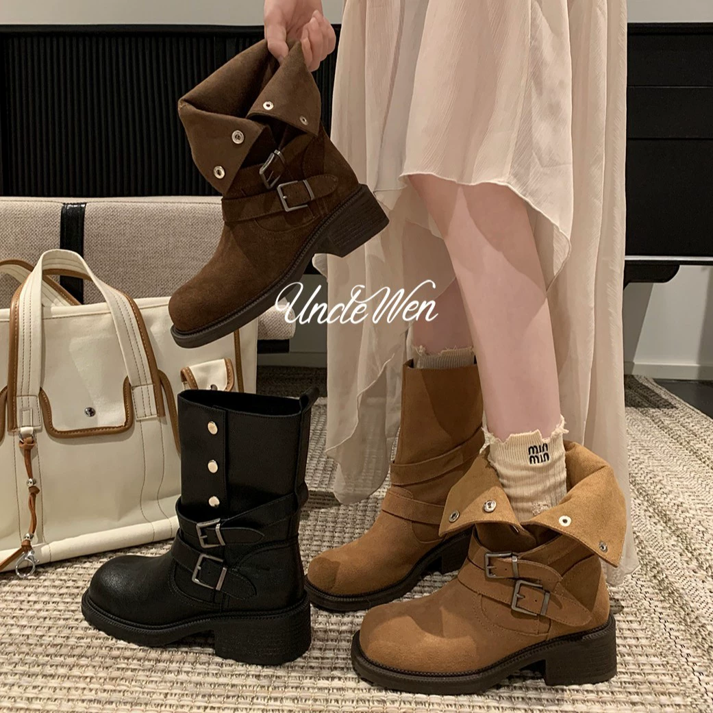 Women's Stacked Chunky Heel Thick Sole Buckle Strap Martin Boots Fall