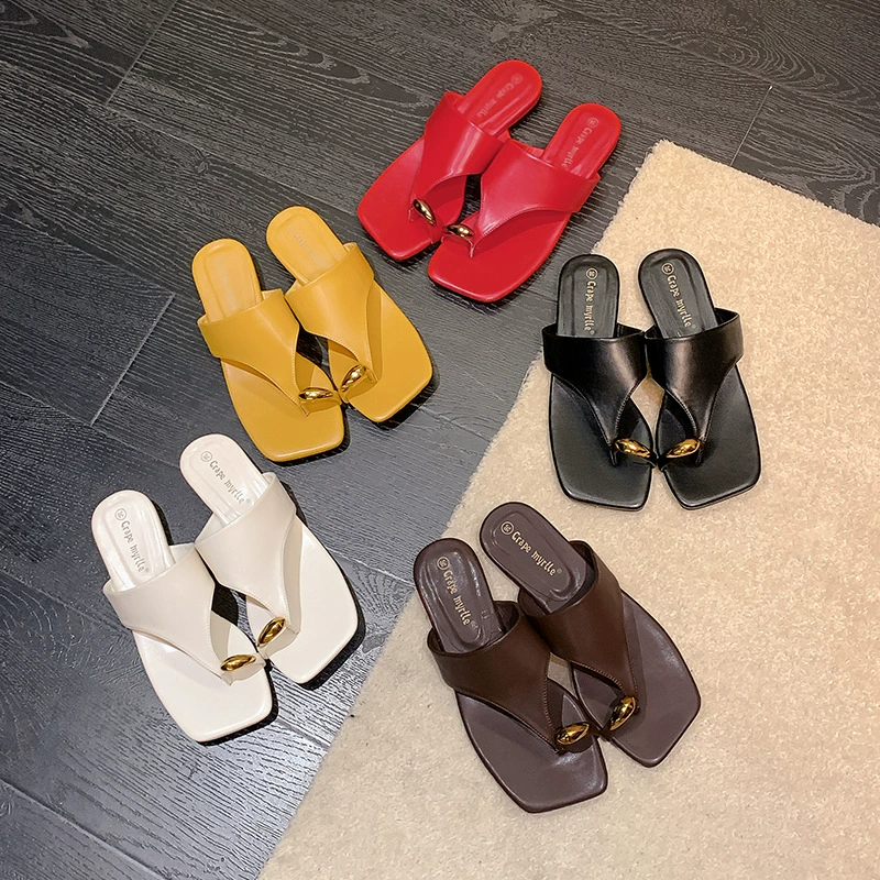 Sandalias slides de tacón bajo con hebilla metálica, punta cuadrada, modernas verano