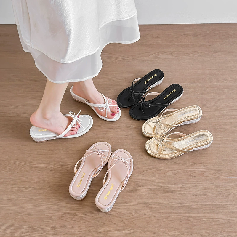 Damen Weichleder Sommer 5cm Keil Schleife Flip Flops Französisch Strand Slides Neu · MOHE China shoe factory