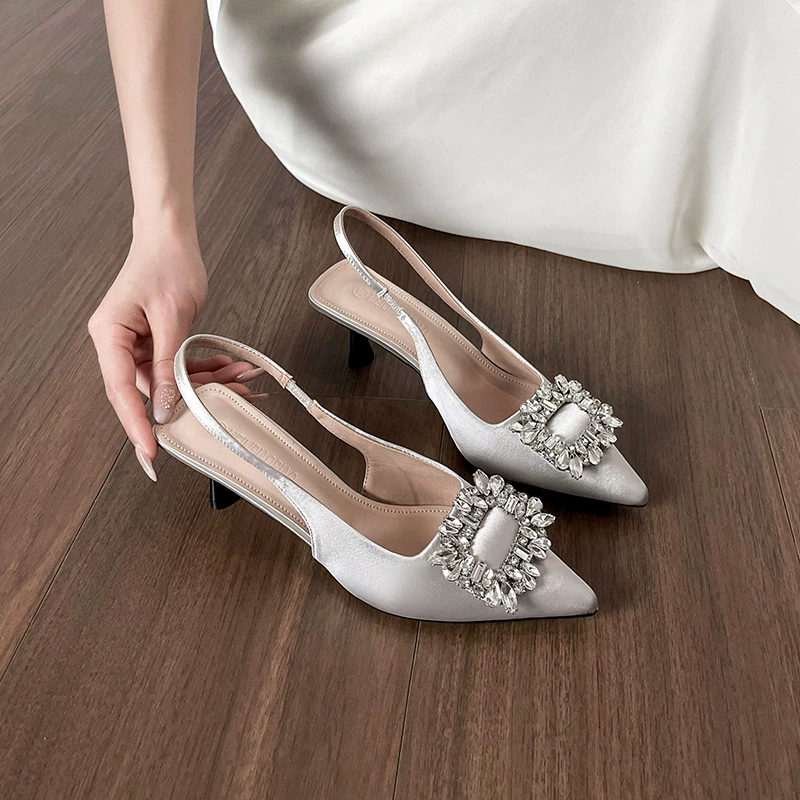 Nouveaux Talons Aiguille Strass Bout Pointu pour Femme, Sandales Françaises Élégantes Dos Ouvert