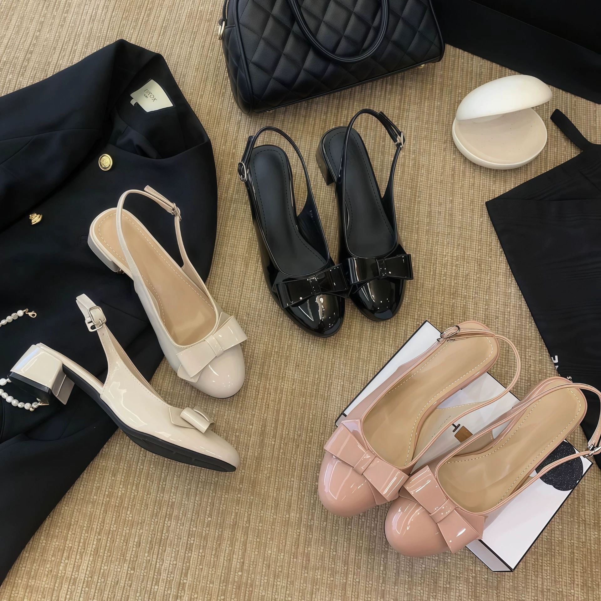 Chuyuji Sandales bout fermé talon bloc nœud papillon doux françaises femmes été chaussures dos nu habillées plates douces · MOHE China shoe factory