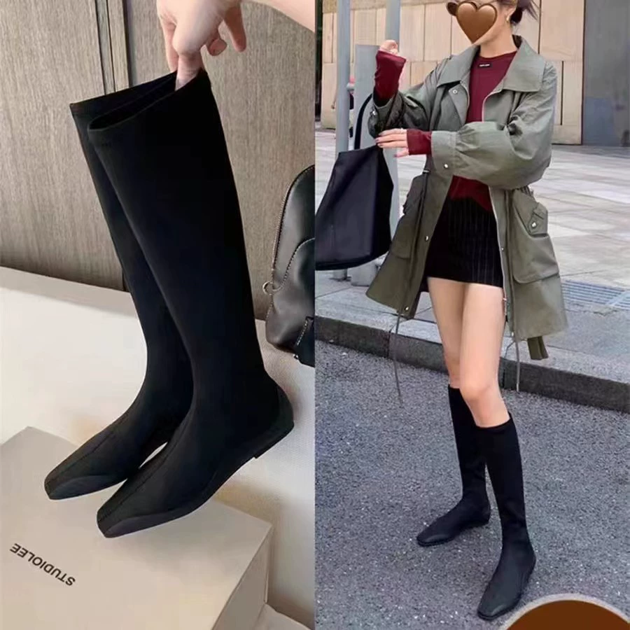 Nuevas Botas Planas de Punta Cuadrada Tipo Calcetín para Mujer, Botas Elásticas para Pantorrilla Delgada para Otoño Invierno