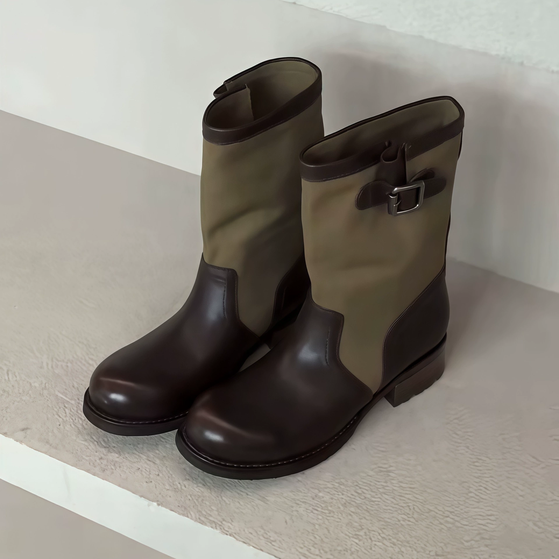 Cowboy-Stiefel für Damen Design Grün Runde Zehen Riemen Blockabsatz Kurze Stiefel · MOHE China shoe factory