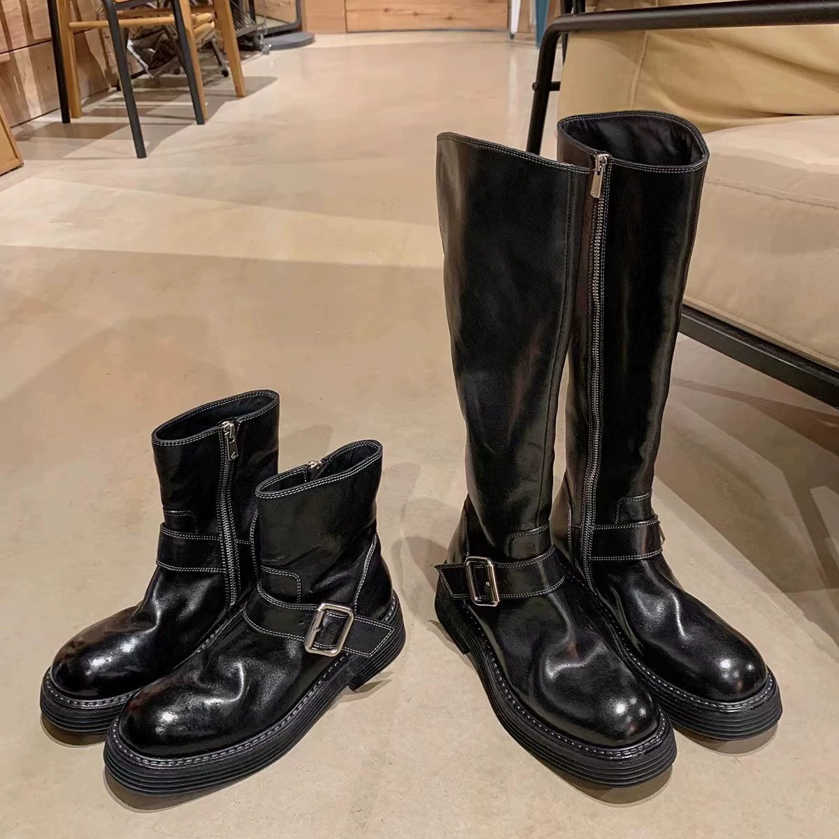 Botas Martin Mujer Nueva Vintage Hebilla Cinturón Suela Gruesa Piel Caballo Lavada Punta Redonda Tacón Grueso Media Caña