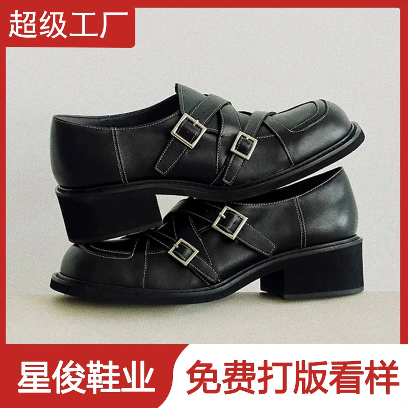 Mocasines Retro Británicos de Doble Hebilla para Mujer, Tacón Grueso Otoño Invierno 2025