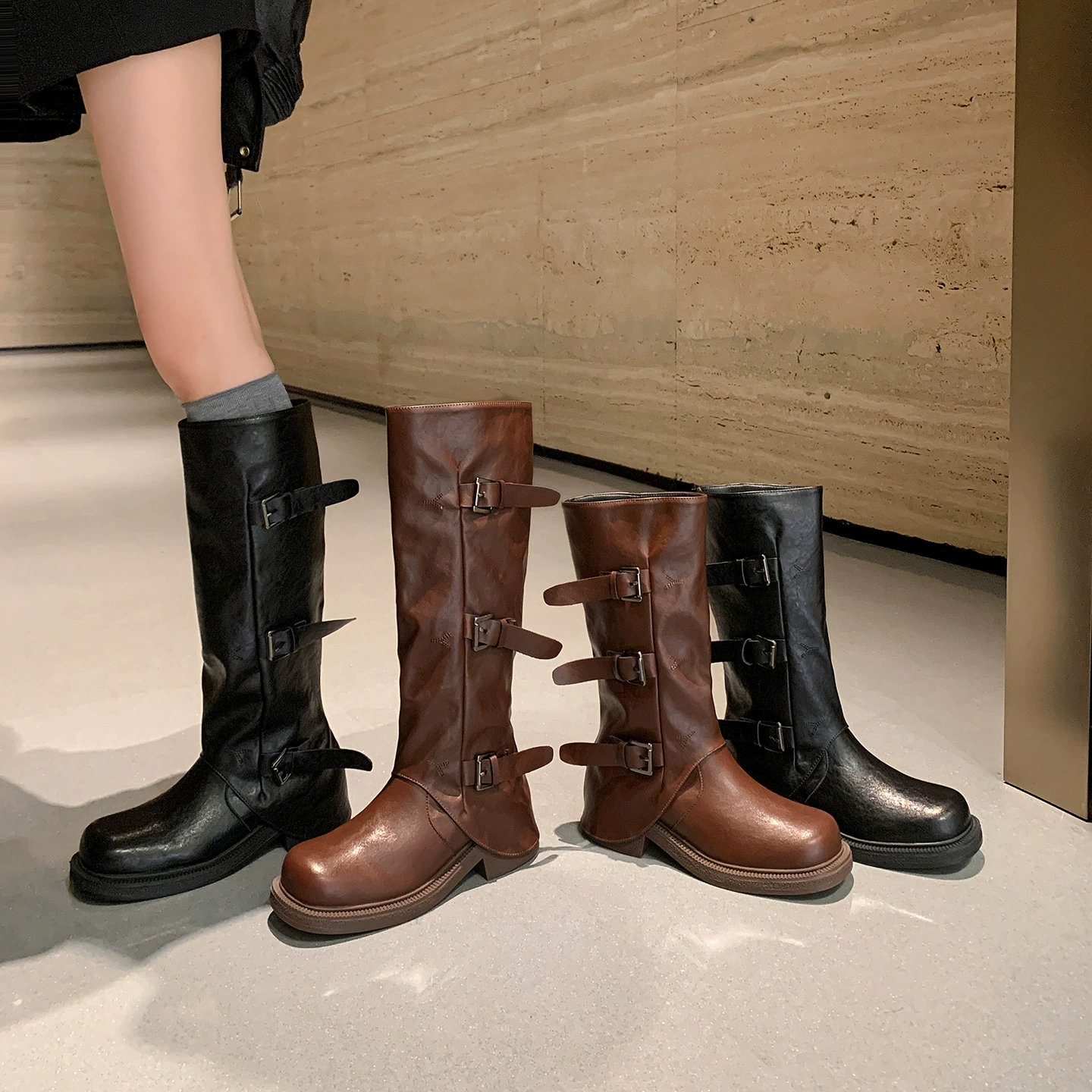 Women's 6.5cm Heel Buckle Mid Calf Western Knight Long Boots Stack Boots