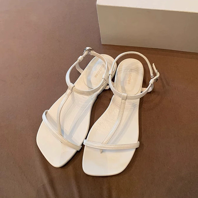 Women's Summer Square Cutout T-Strap Toe Post Flat Sandals Black