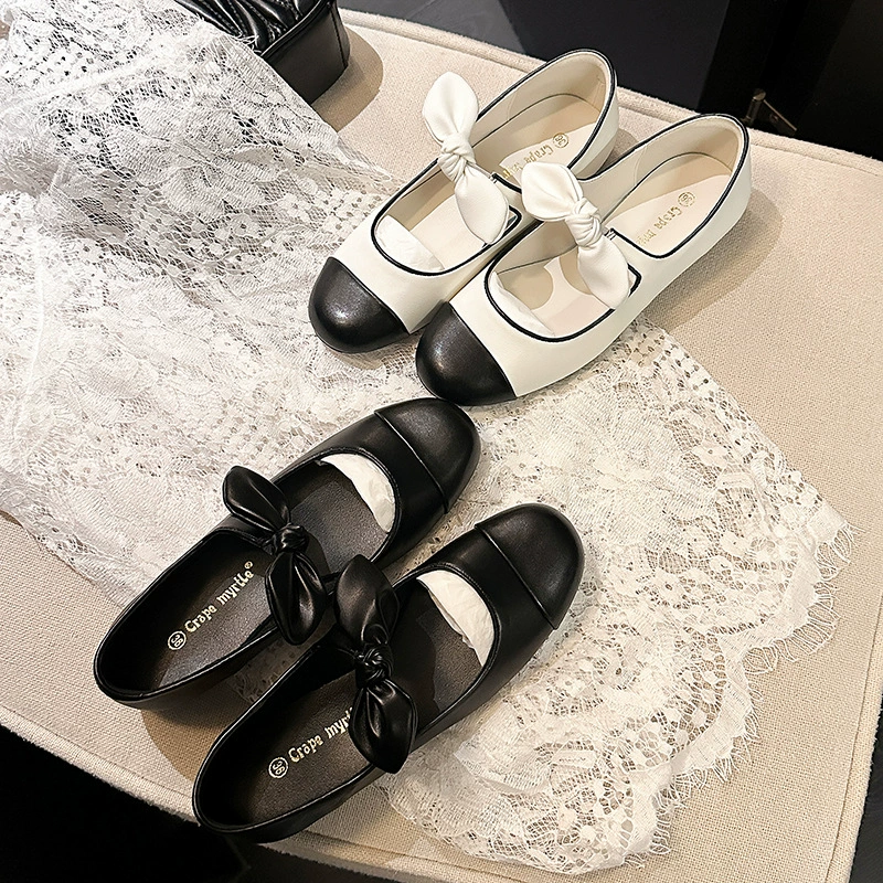 New Spring Mary Jane Shoes for Women, Round Toe Bow Stitching Soft Leather Casual Flat Shoes