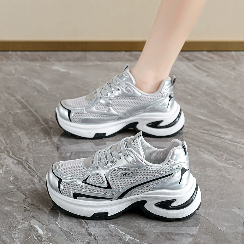 Women's Silver Chunky Sneakers 2026 Spring Summer, Thick Sole Height Increase