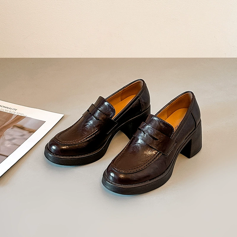 Mocasines Británicos Primavera 2026 Nuevo, Negro, Tacón Grueso, Suela Gruesa, Oficina