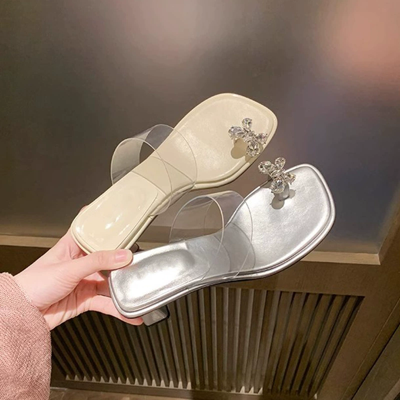 Sandalias de tacón alto de punta cuadrada con pedrería, tiras transparentes, verano