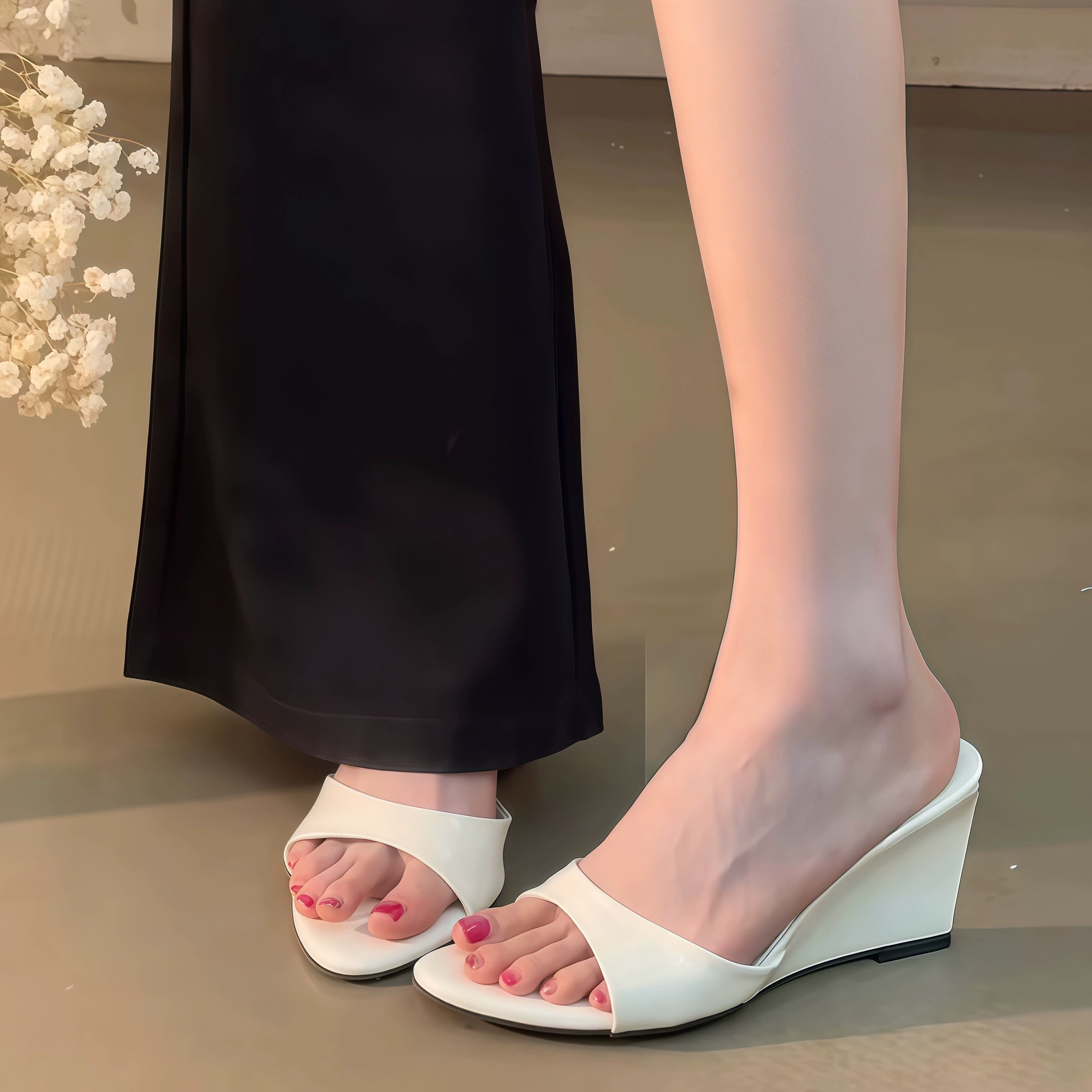 Sandálias Cunha Europeias de Bico Fino em Couro Patent Branco para Mulheres, Salto Alto · MOHE China shoe factory