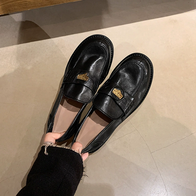 Même style, nouveaux mocassins à pièce dorée brûlée vintage britannique printemps, chaussures plates en cuir pour femmes