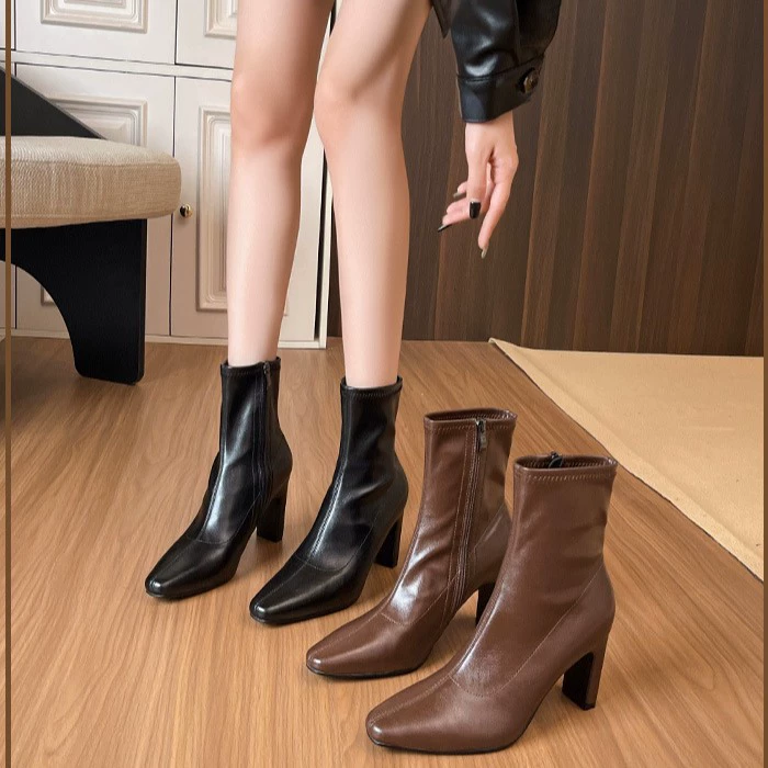 Damen Braun Blockabsatz Kurze Stiefel Französische Quadratische Spitze Knöchelstiefel Herbst Winter