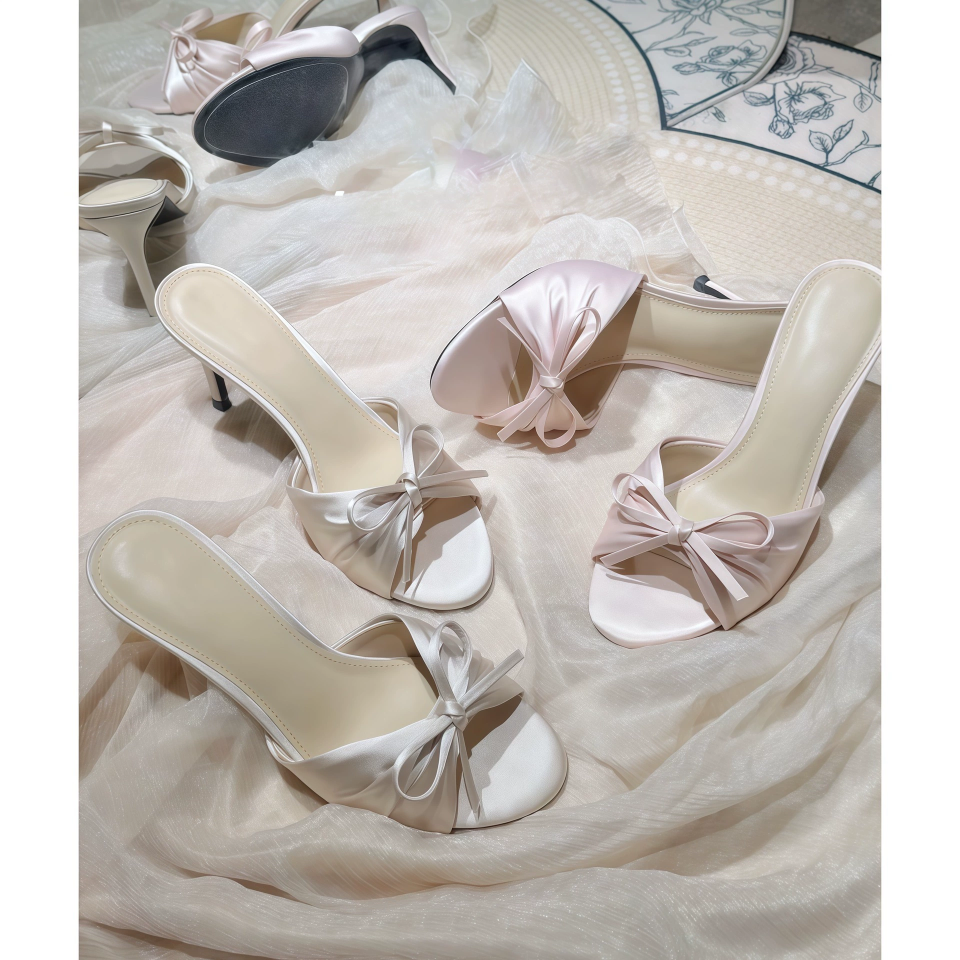Sandales françaises satin plissé nœud talons hauts 2026, stiletto sexy rose