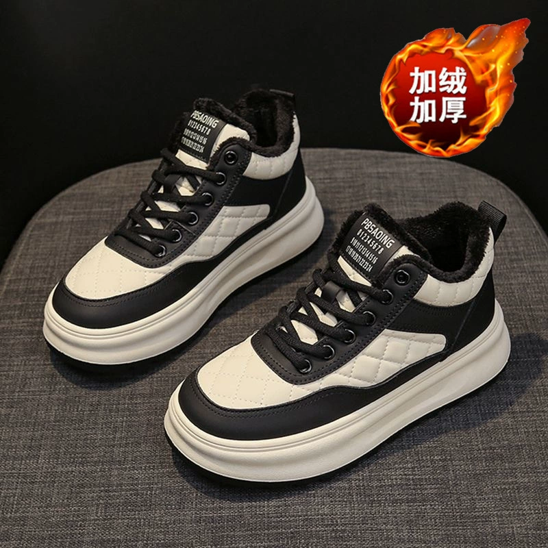 Women's Winter Fleece Lined High Top White Sneakers Thick Sole Warm Cotton Casual Shoes