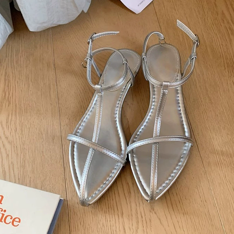 Sandalias de cuña con punta puntiaguda y tacón alto con tobillera para mujer, nueva temporada de verano