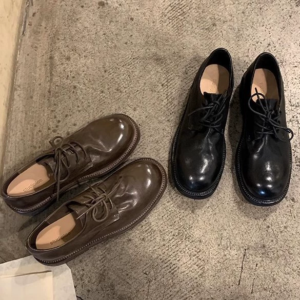 Nuevos Zapatos Derby para Mujer Piel de Caballo Lavada Encogida Estilo Británico Cordones Cuero