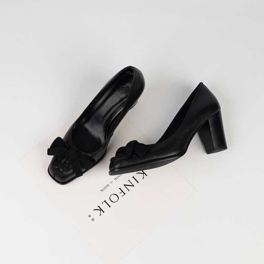 Sapatos Bico Quadrado Francês Retro com Laço Mulher, Salto Grosso Escritório · MOHE China shoe factory