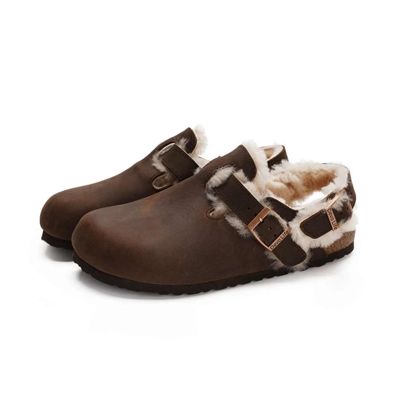 Zapatos Birkenstock marrones retro 2025 para mujer, sandalias con correa trasera de lana de vellón para invierno