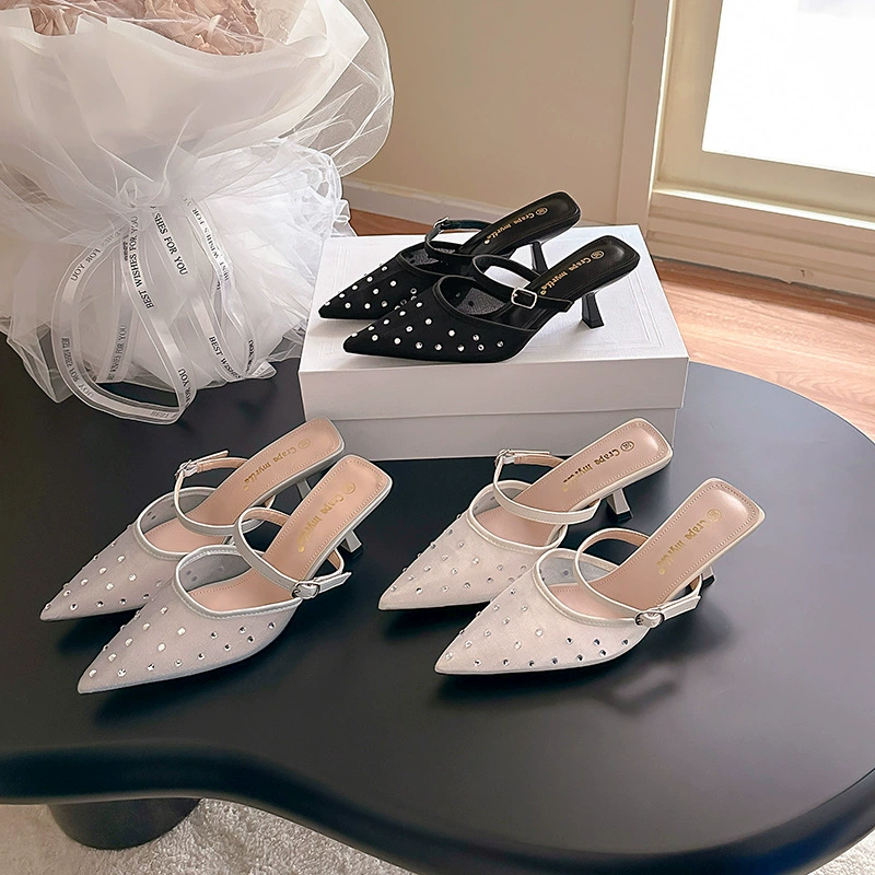 Sandales mules femme à bout pointu en mesh strass talon 6 cm dos ouvert