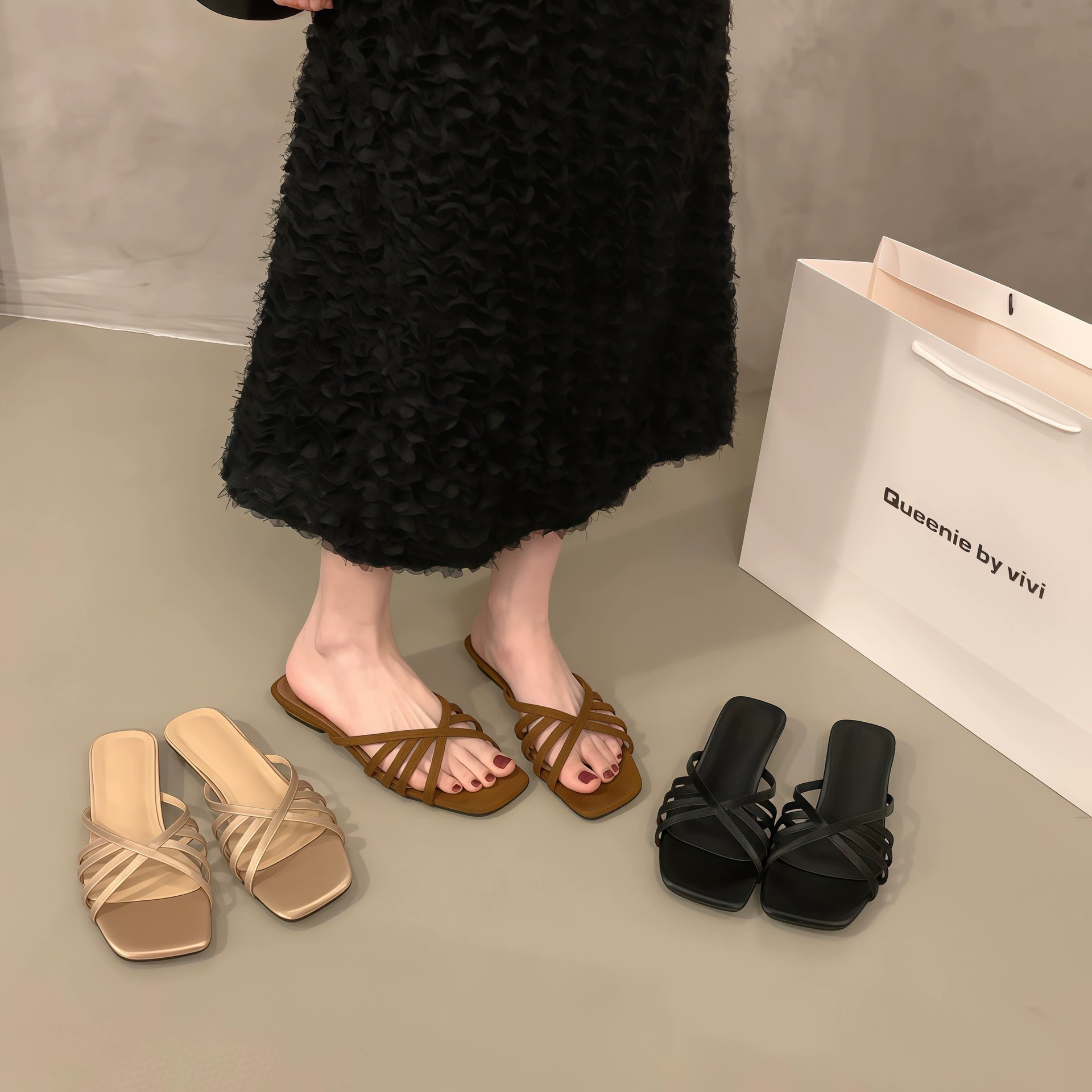 Sandálias Anabela Chuyuji Femininas Bico Quadrado Laço Francês Tira Única para Vestidos · MOHE China shoe factory