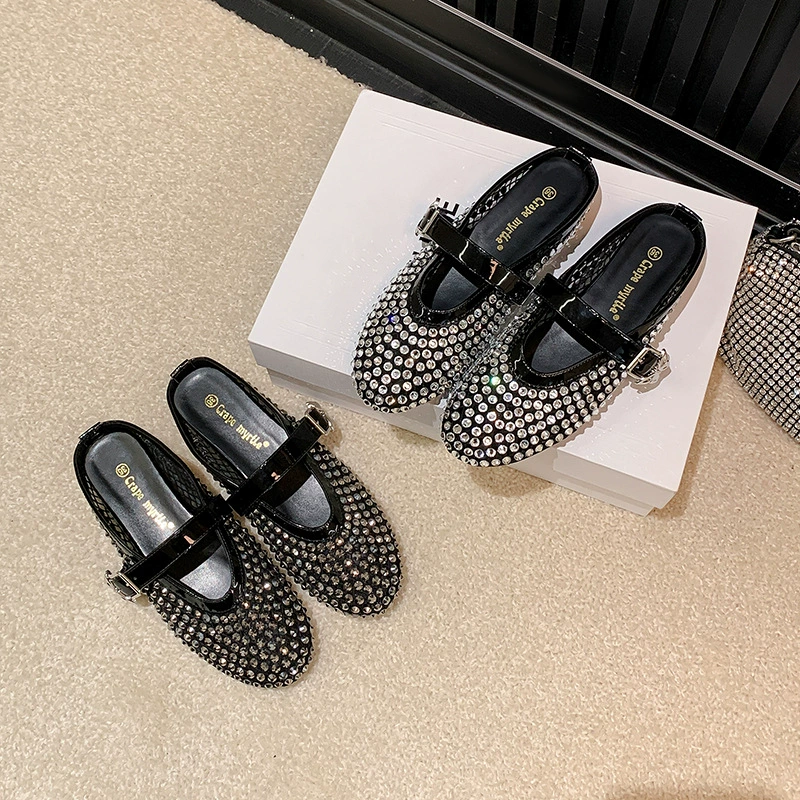 Damen Strass Mesh Knöchelriemen Geschlossene Zehen Mules Sandalen Sommer