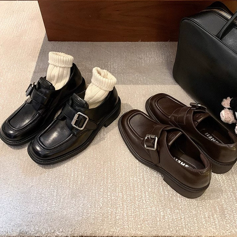 Femmes Bout Carré Boucle Talon Épais Mocassins Cuir