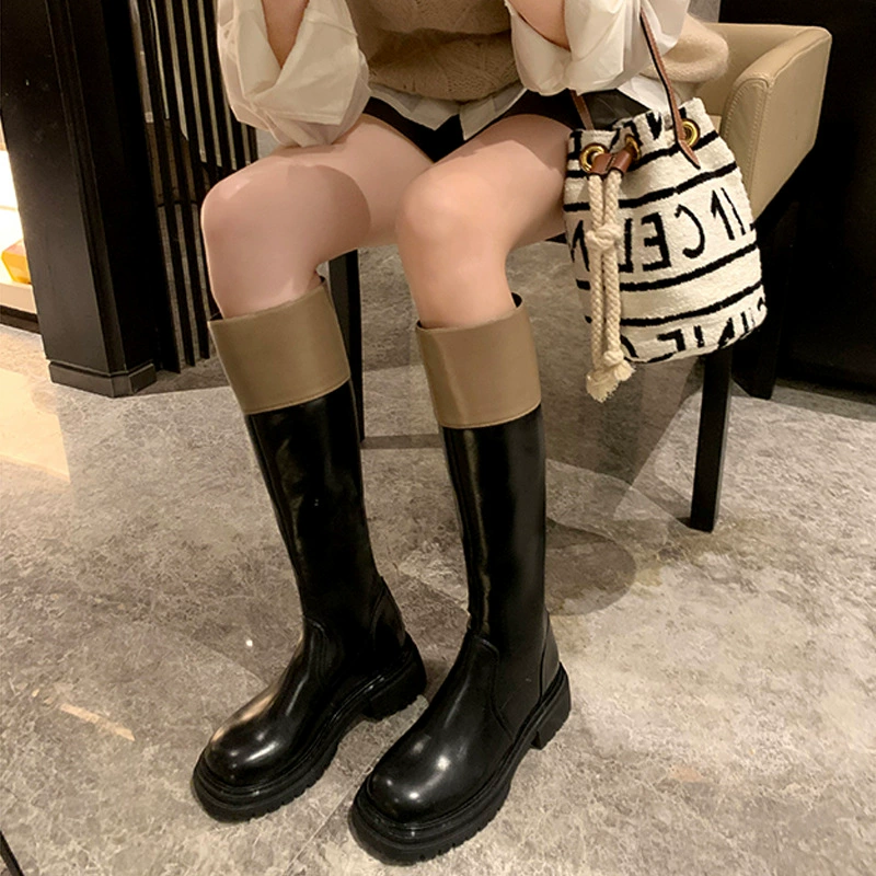 New Autumn Winter Color Block Round Toe Chunky Heel Mid Calf Slim Knight Boots
