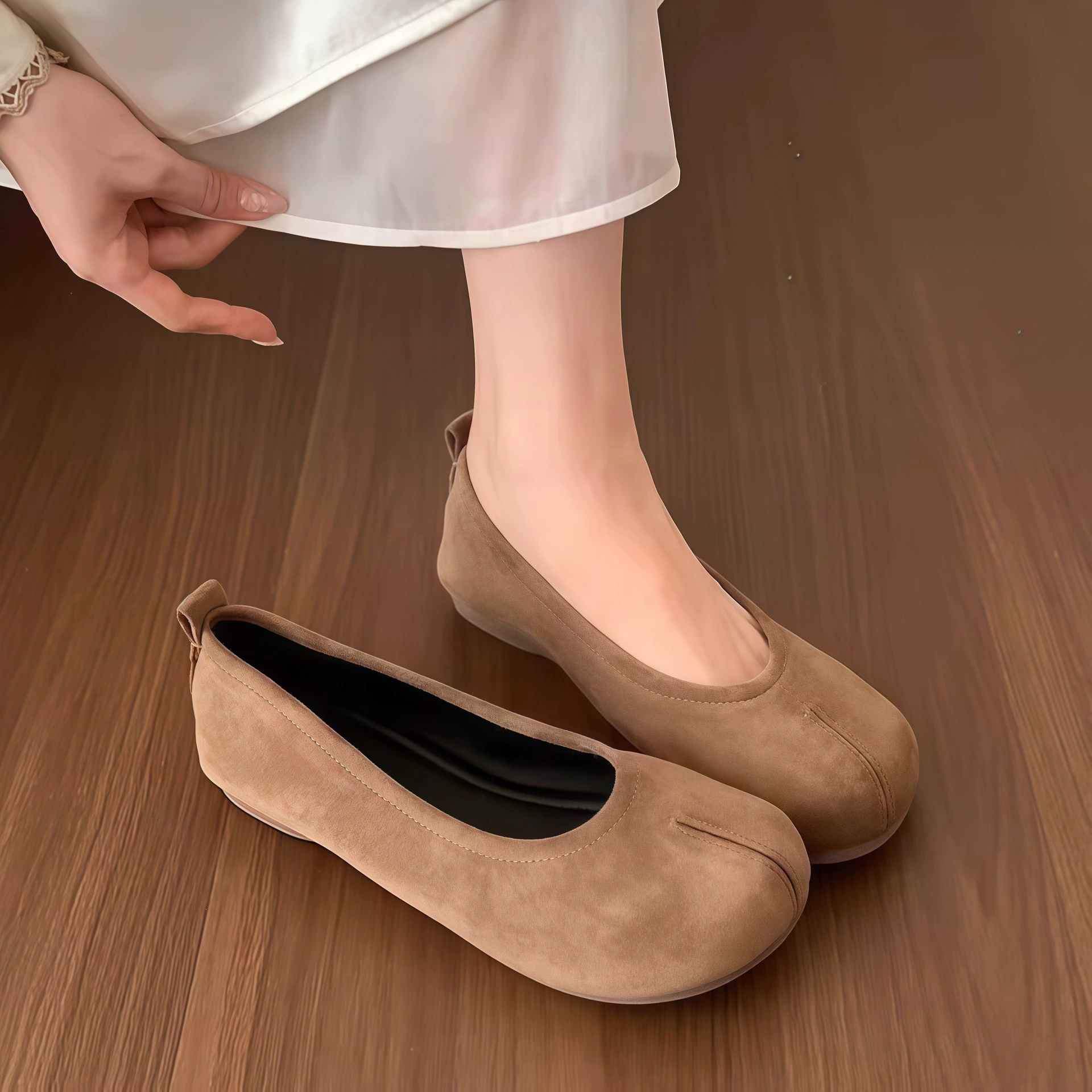 Chuyuji Femmes Ballerines Plates Rétro Françaises en Cuir Souple pour Robes, Bout Fendu à Enfiler · MOHE China shoe factory