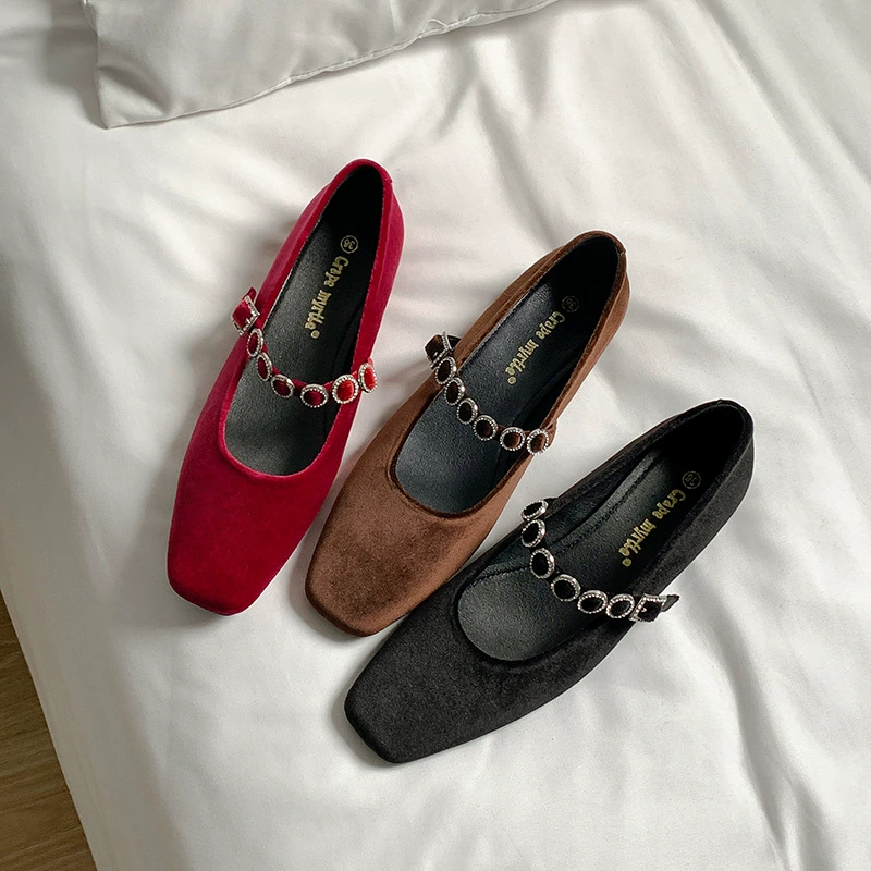 Nouvelles chaussures Mary Jane à bout carré français, talon bas, bride à strass