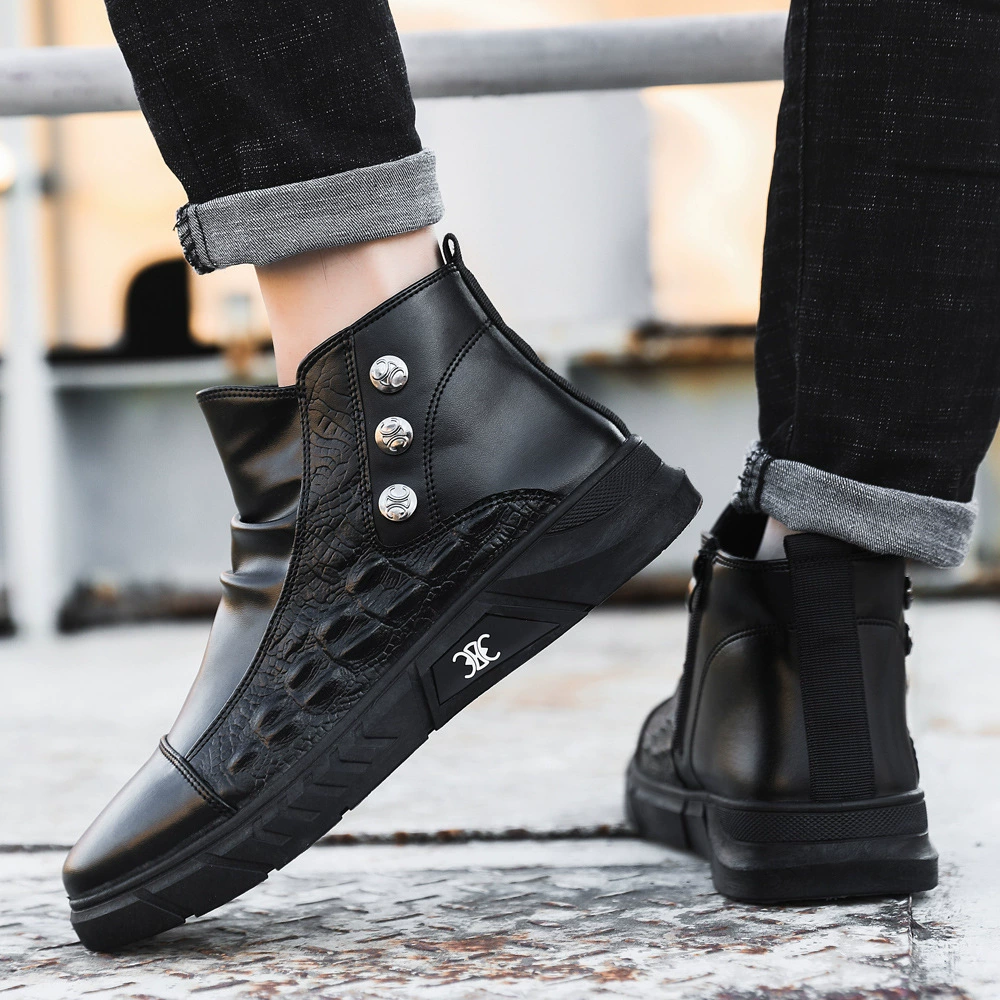 Men's Leather Shoes 2025 Autumn Winter, British Style Crocodile Pattern Martin Boots