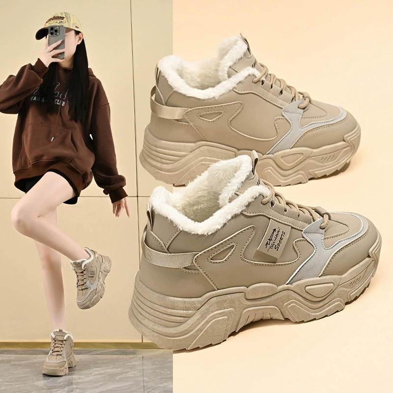 Tênis Femininos Cano Alto Forrados de Pelos Inverno 2024, Tênis Casuais Estilo Coreano K819-5