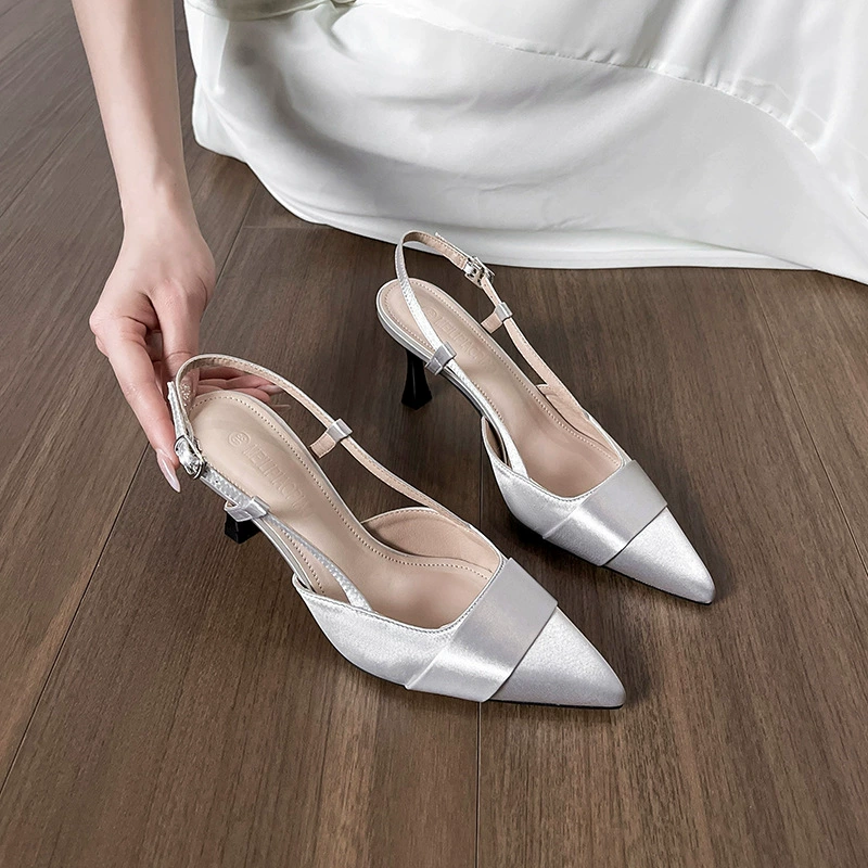 Talons Aiguille Argentés Français pour Femme, Satin Bout Fermé Élégant Été